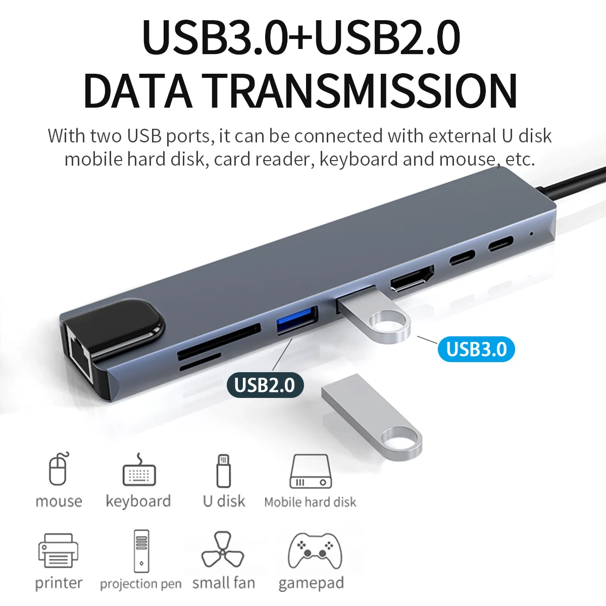 Nadodo 8in1 usb hub with hdmi usb 100M network port docking station for laptop