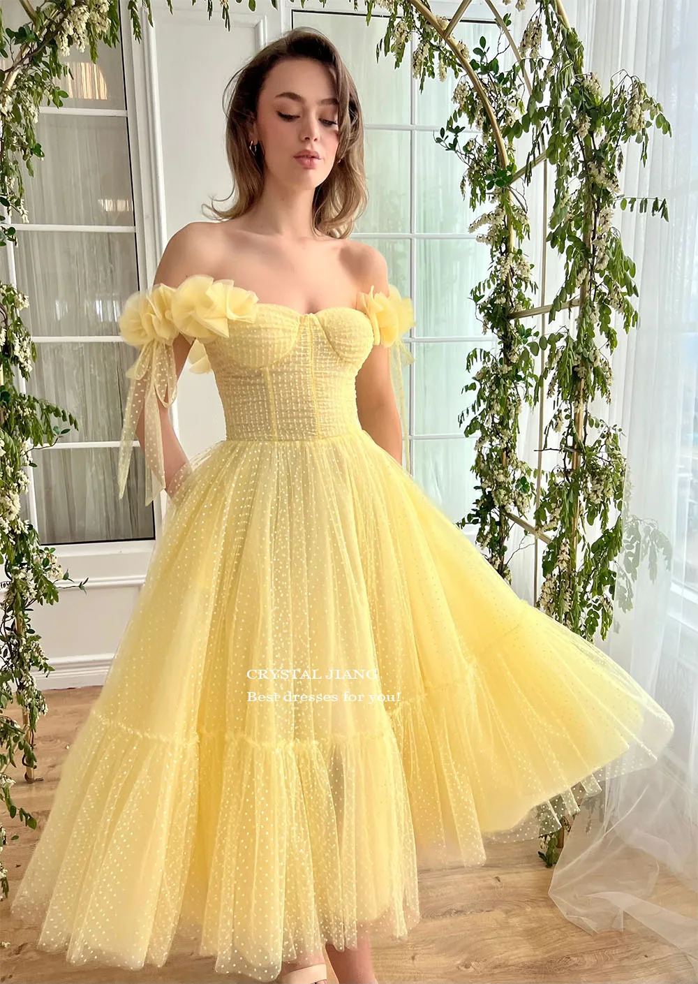 Elegant Off the Shoulder vestidos de festa Yellow Cocktail Dresses Ankle Length A Line Short Party Gowns