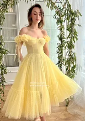 Elegant Off the Shoulder vestidos de festa Yellow Cocktail Dresses Ankle Length A Line Short Party Gowns