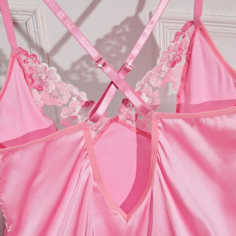 New Fashion Summer Backless Pink Exotic Dresses Women's Sexy Imitating Silk Clothes Nightgown Female Sweet Stain Thin T-Back Set