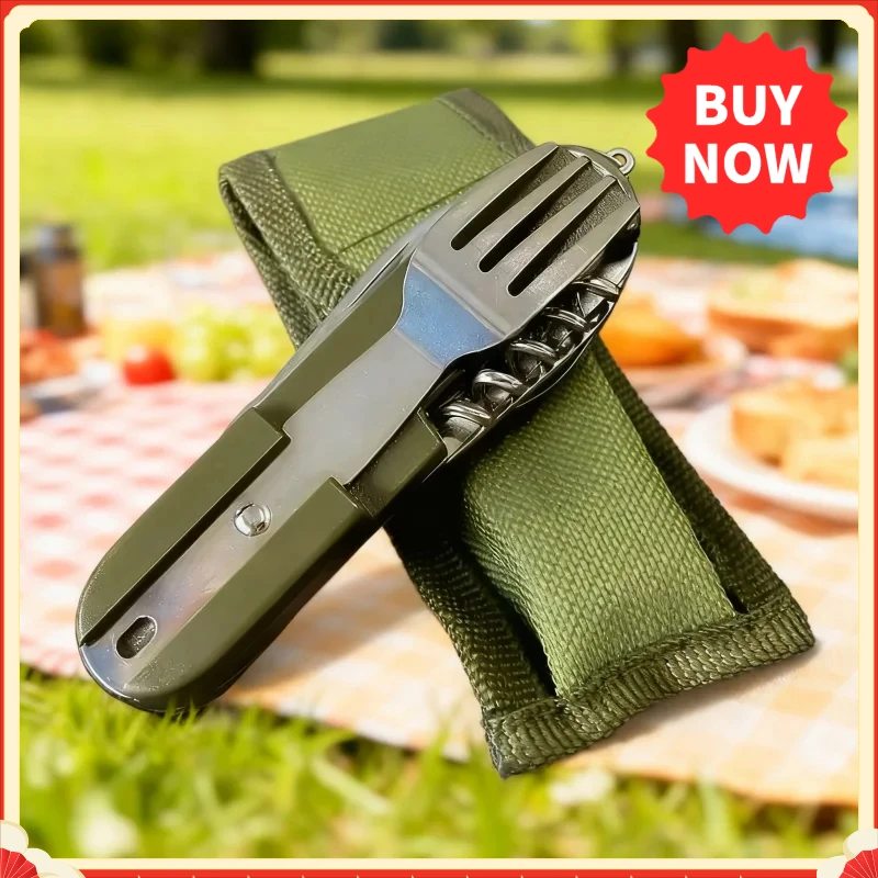 Christmas Stocking Stuffers 7in1 Stainless Steel Camping Cutlery Foldable Multifunctional Fork Spoon Knife Picnic Hiking