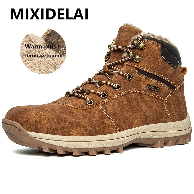 Winter Men's Boots - Snow Plush Warm Boots - Leather Waterproof Men's Ankle Boots (D13)(MSB4)