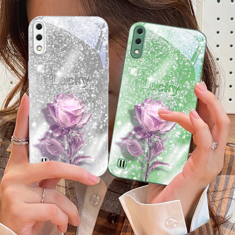

A crystal-clear pink rose For Samsung M02 12 Note 8 9 10 20 A 01 A02 A03 Core 04 05 06 10 12 13 14 15 A16 glass Ultra phone case
