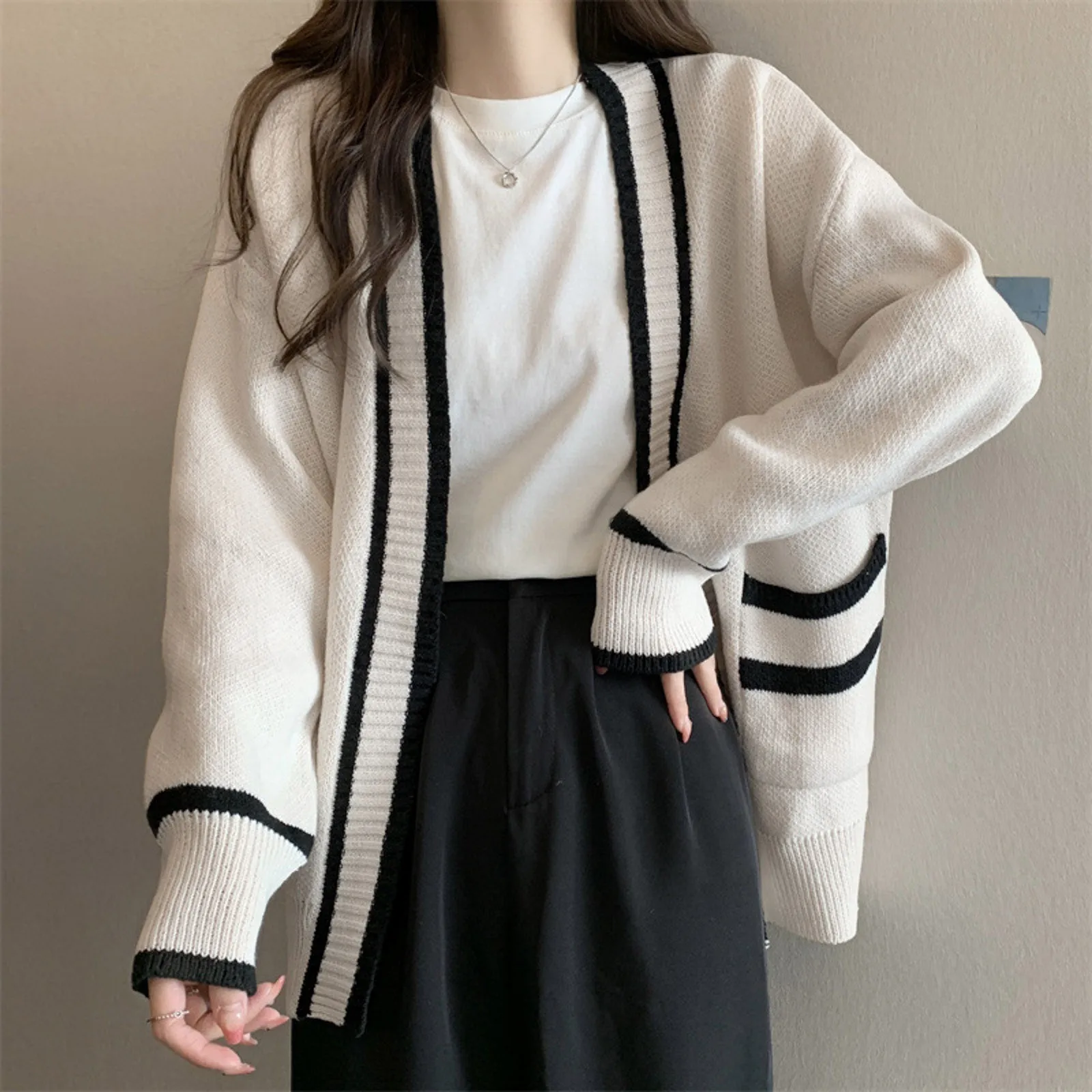 Striped Edge Knitted Cardigan Varsity Cardigan Long Sleeve V-Neck Open-Front Sweaters Knit Jacket for Women Preppy Style coats