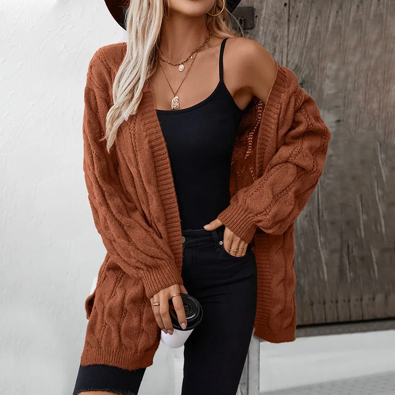 Fried Dough Twists Knitted Cardigan Women's Autumn And Winter Loose Medium Length Sweater Coat Women