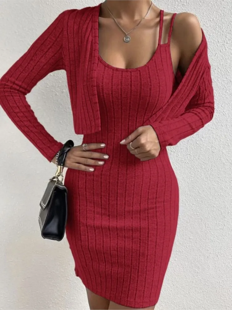 Elegant Women Slim Mini Dress 2 Piece Sets Autumn Ribbed Double Strap Bodycon Sleeveless Vest Dress & Long Sleeve Cardigan Set