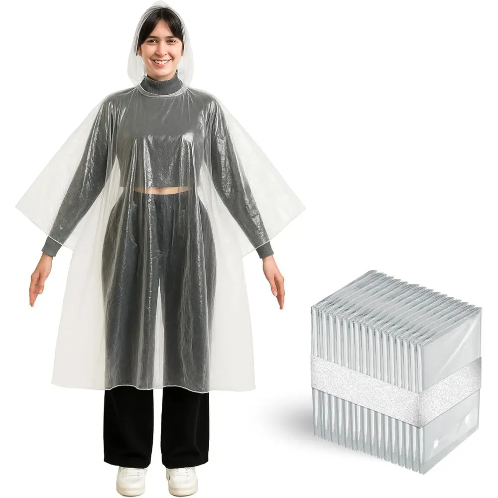 

Better Oice Products Disposable Clear Rain Ponchos with Hood or Adults, Ency Ponchos, Lightweight, Non-Toxic