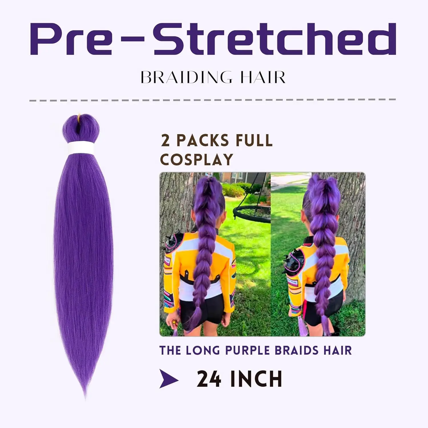 24/26inch Synthetic Braided Purple Hair Ponytail Rumi Costume Hairstyle Ponytail with Clips for Kids Girls Halloween Christmas