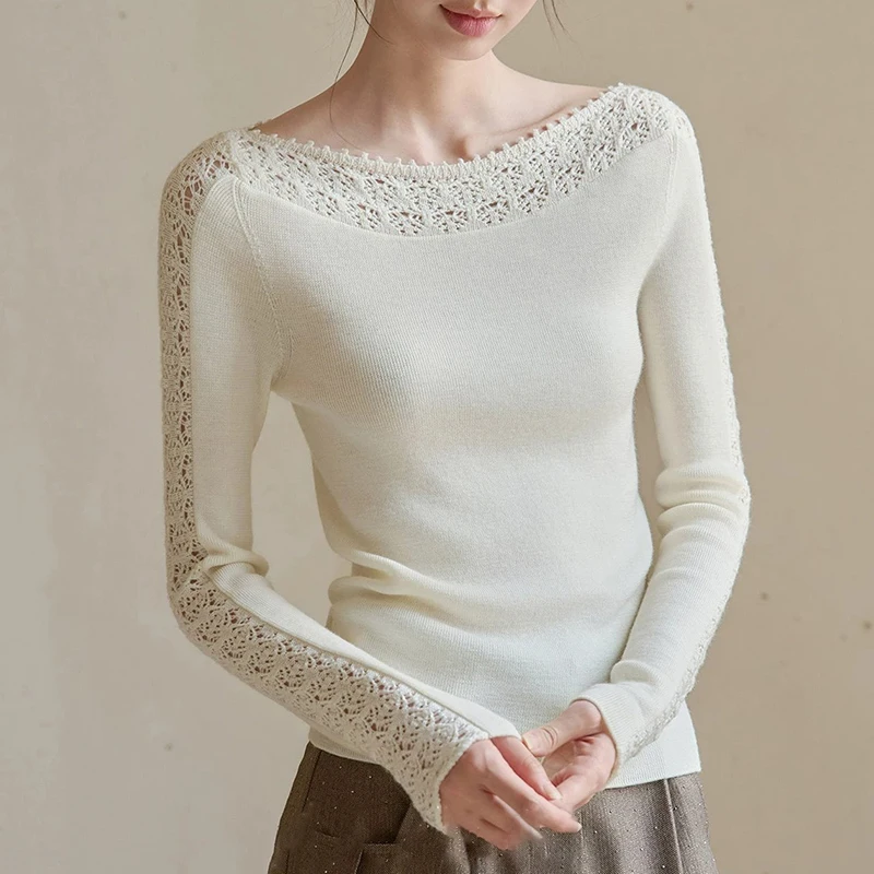 French Hollow Out Knit Pullover Women Spring Autumn Crochet Long Sleeve Base Layer Tops Woman Elegant Slash Neck Solid Jumpers