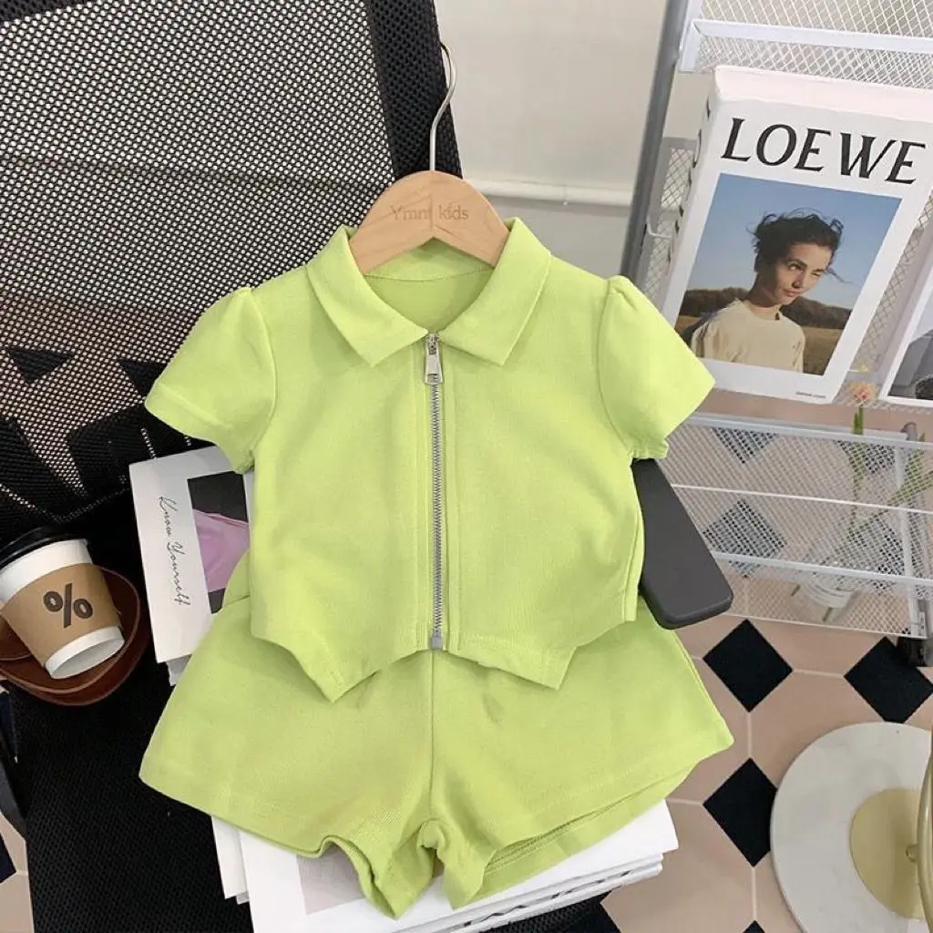 Summer Baby Girl Clothes Set Solid Zip Lapel Tshirts and Shorts 2 Pieces Suit Children's Girls Short Sleeve Top Bottom Tracksuit