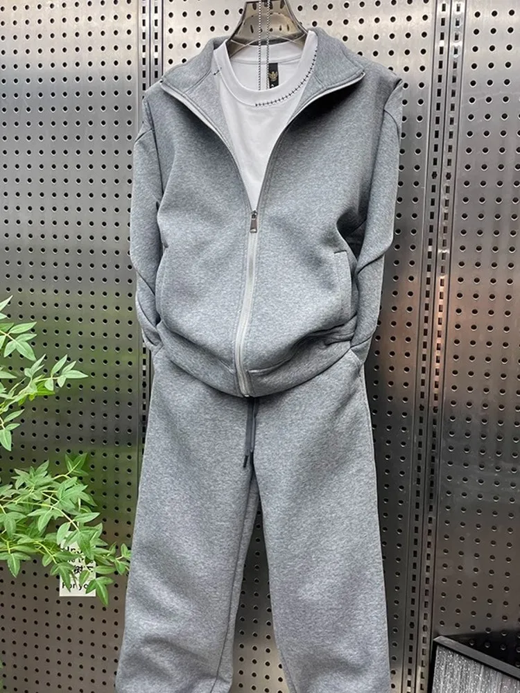 Men Outdoor Autumn Winter Fashion Jogging Two Piece Running Set Tops Pants Tracksuit Zipper Solid Color Gym Fitness Sports Sets