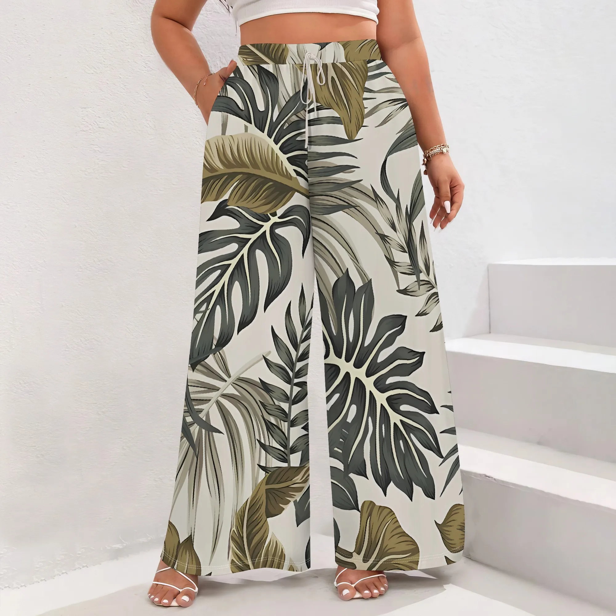 

Nupusa Tropical Leaf Print Pants for Women Standard Size Summer Casual High - Waist Wide - Leg Pants