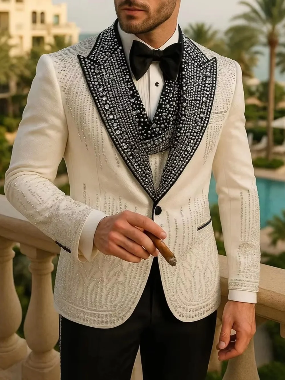 Luxury Wedding Tuxedos Crystal Beaded Peaked Lapel Suit 3 Piece Set Jacket Vest Pants Evening Business Blazers Customized