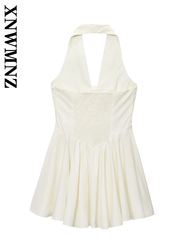 Xnwmnz 2025 verão nova senhora clube simples ombro sem costas vestidos sexy mulher sem mangas halter em camadas vestido moda midi