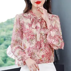 Office Lady Broken Flowers Printed Elegant Scarf Collar Blouse Female Ruffles Spliced Spring Autumn Bow Drawstring Korean Shirt