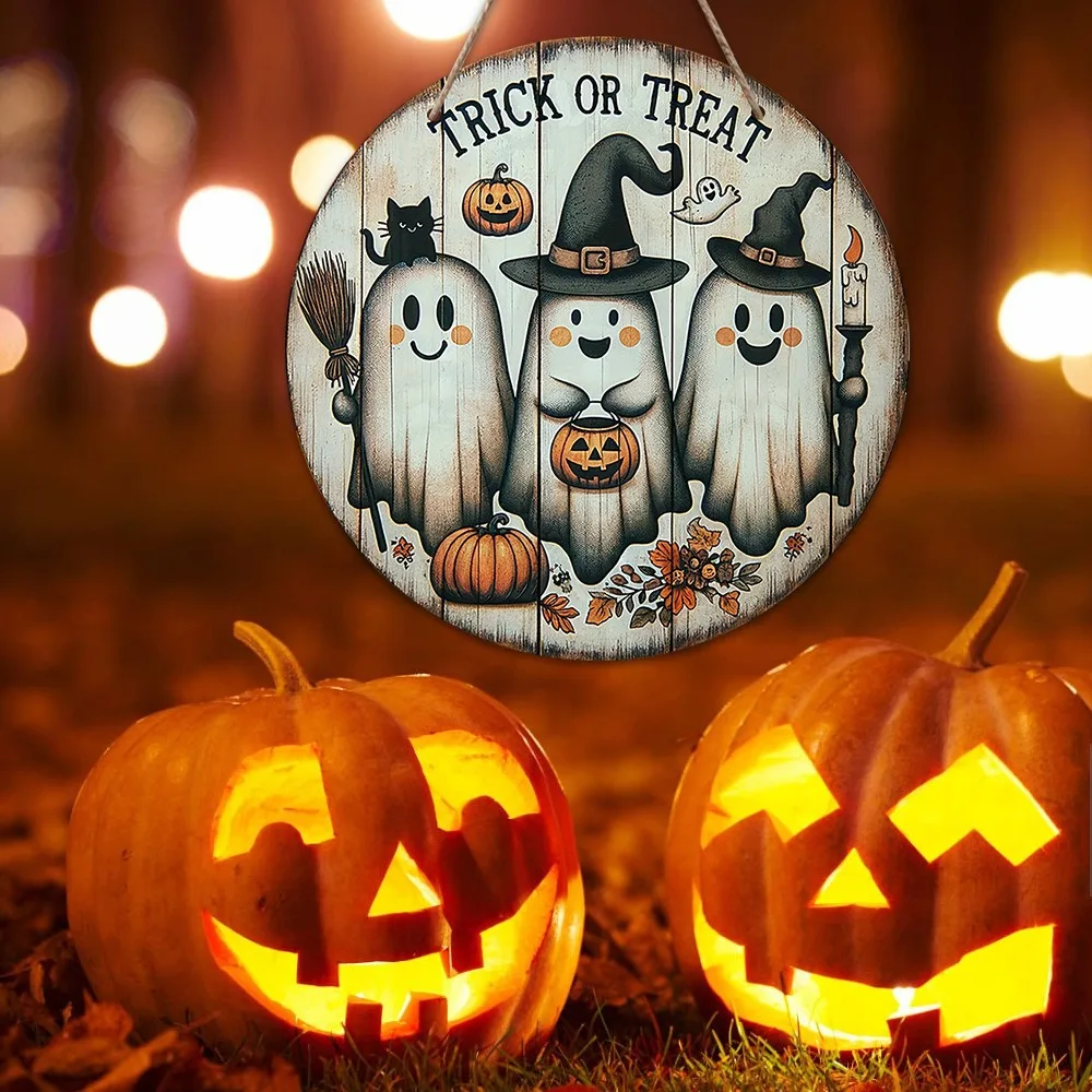 1pc, 2D Wooden Halloween Three Cute Ghost Broom Spoof Pumpkins 7.9Inch/20cm Round Hanging Sign Wall or Door Decor Wall Art