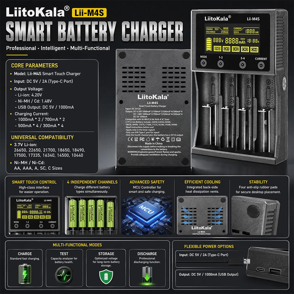 Lii-M4S Smart Touch 4-Slot Battery Charger for 18650 26650 AA AAA Li-ion Ni-MH,Capacity Tester, USB Output, Flashlight Accessory view 2