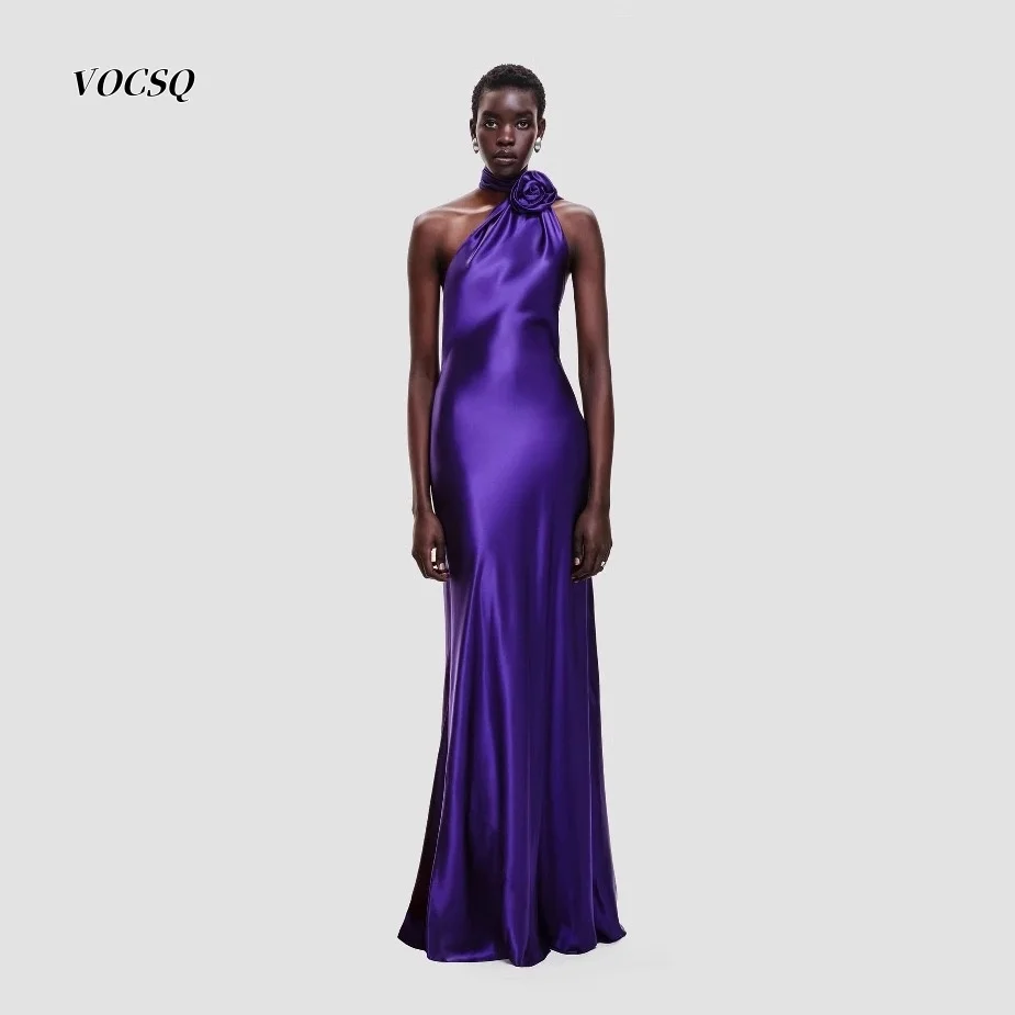 Prom Dress Purple Halter Satin Maxi Gown 3D Rose Backless Mermaid Dress Elegant Wedding Guest Evening Party Long Dress