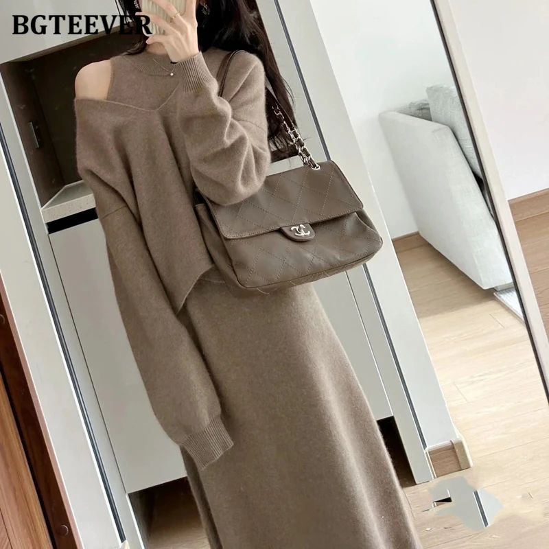 BGTEEVER Elegant Slim Ladies 2 Pieces Knitted Dress Set V-neck Long Sleeve Sweaters Women Sleeveless A-line Dress Autumn Winter