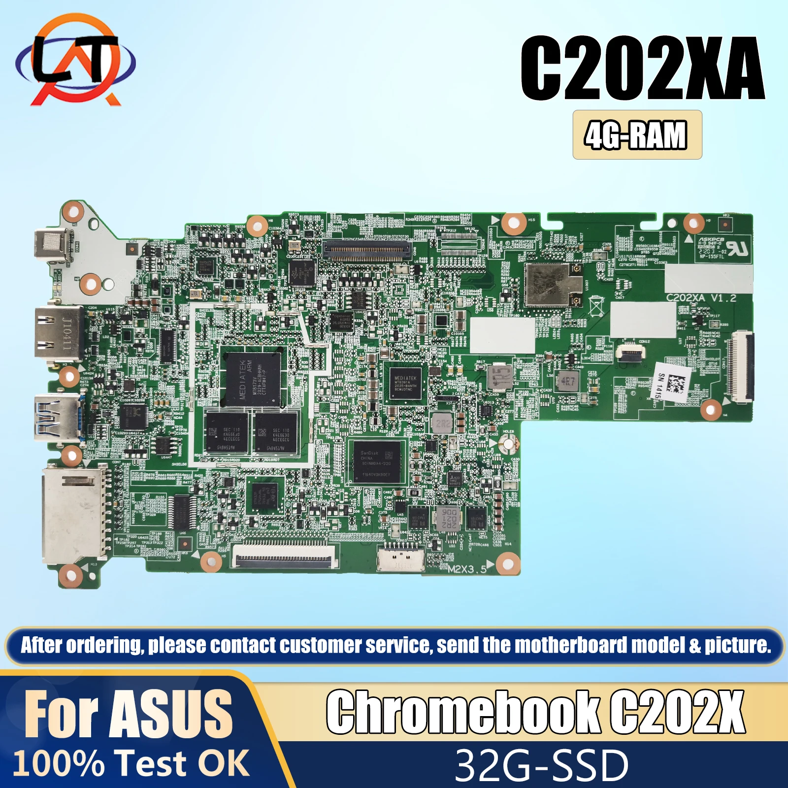 

C202XA Notebook Mainboard For ASUS Chromebook C202X Laptop Motherboard With 4GB RAM 32G SSD 100% Test OK