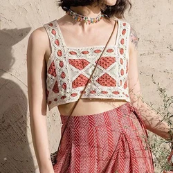 Square Neck Crochet Tank Top Sheer Open-knit Crop Cami Tops Women Teengirl Summer Fairycore Cottagecore Bohemian Beach Outfit