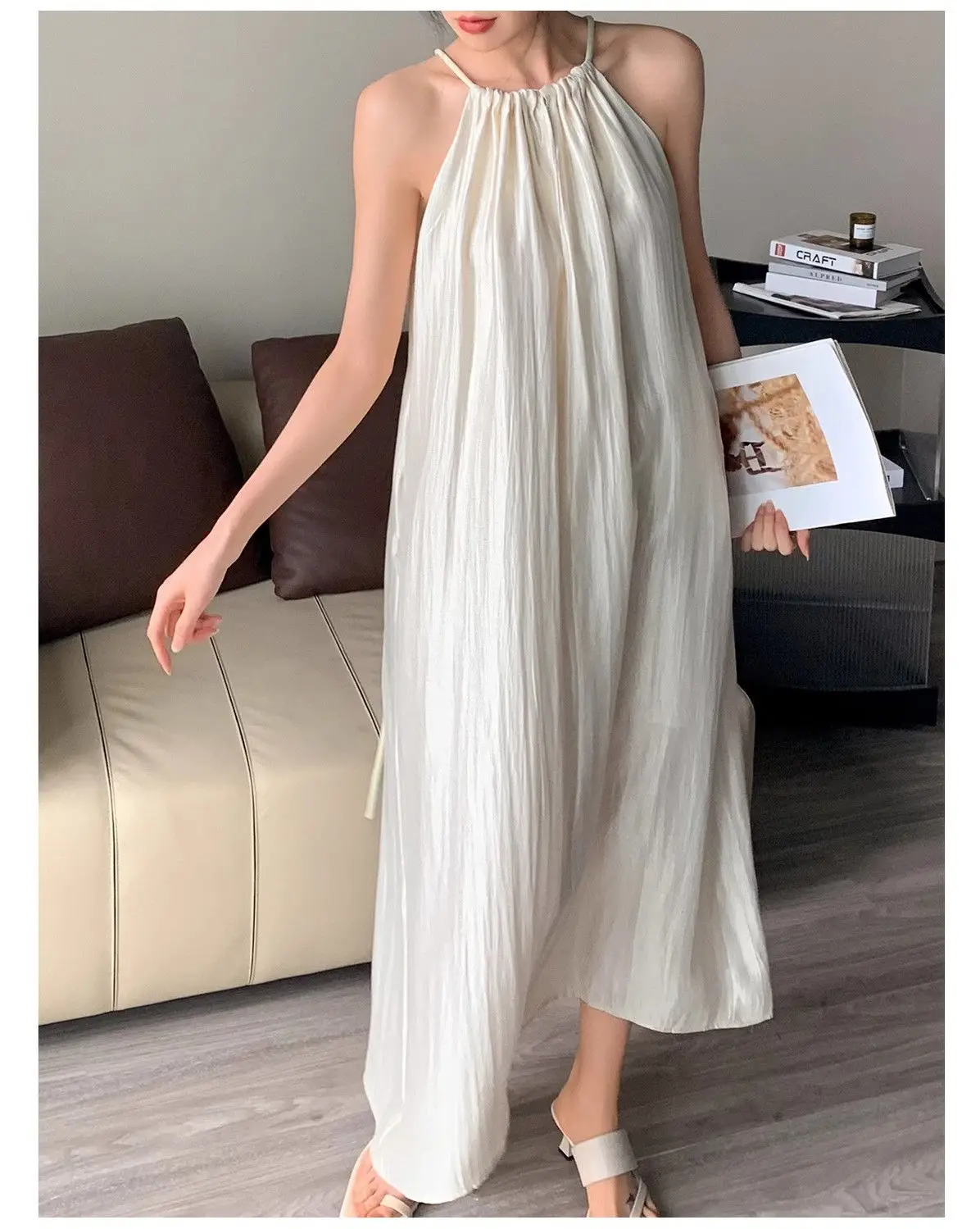 Tank Dress Lace Up High-End Feel Crinkled For Women Summer French Sweet Style Loose-Fit Dress Idle Style Solid Color Long