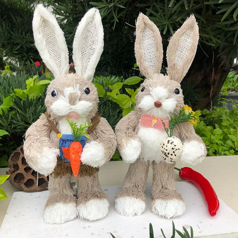 

New 25cm Straw Rabbits DIY Handmade Garden Statues Hand Weave Photography Props Rabbit Decoration Easter Party