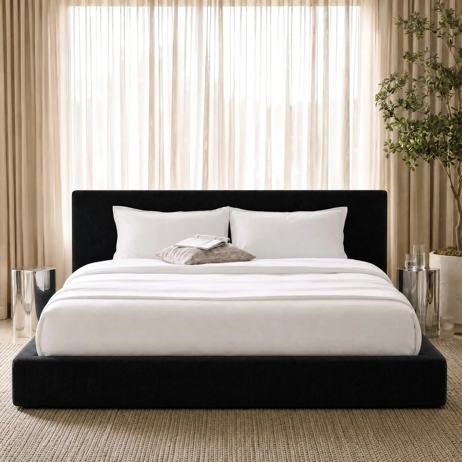 Upholstered Bed King Size Ergonomic Angled Headboard Platform Metal Slats Support Bedroom Furniture, Customized