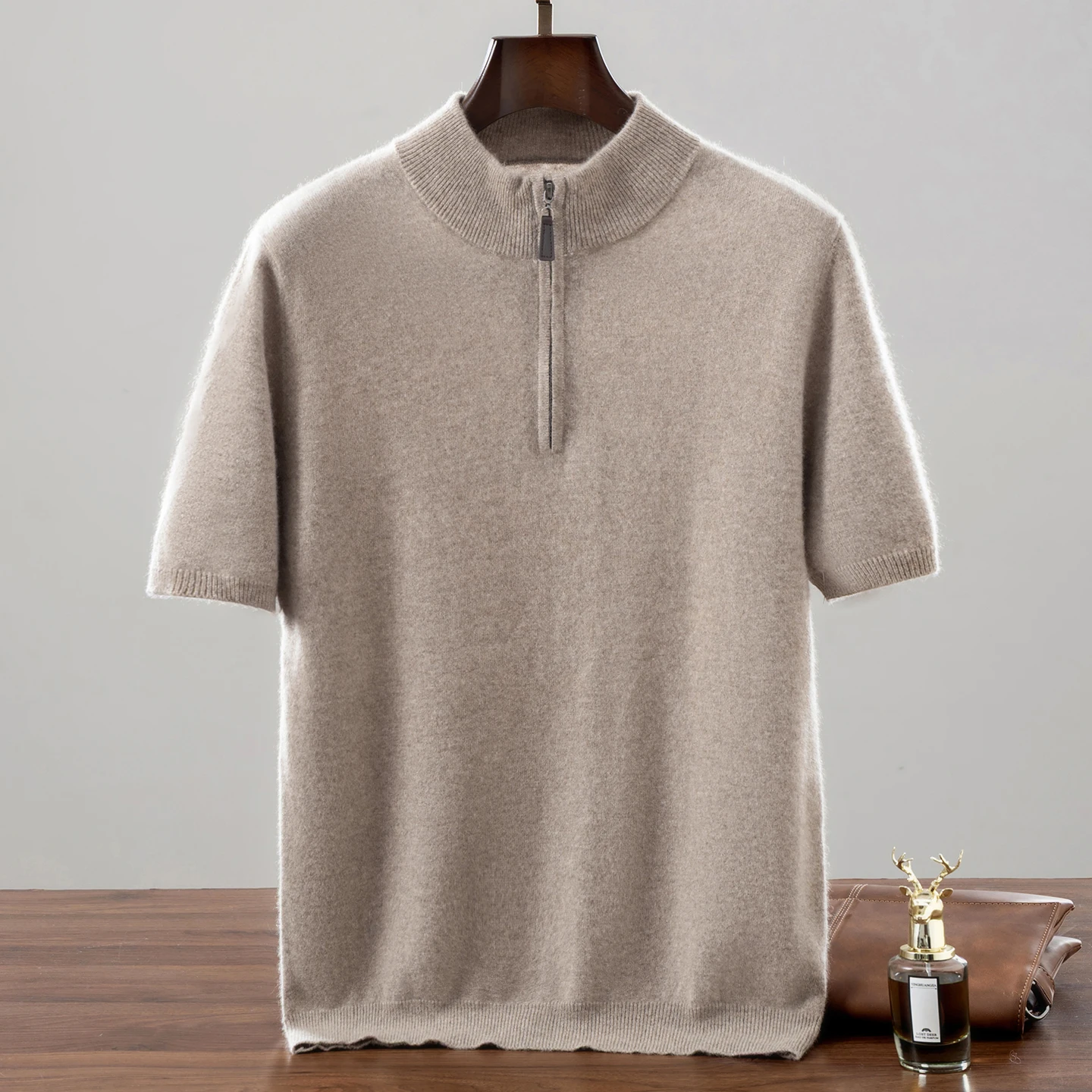 MVLYFLRT Men's 100% Cashmere Knitted Short Sleeve Half Zip Pullover Vest Casual Solid Color Autumn Winter Versatile T-Shirt