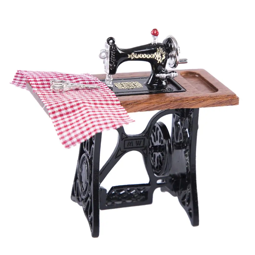 Dollhouse Miniatures Sewing Machine Ornament Wood Metal Vintage 1 12 Scale Furniture Accessory for Tiny Doll Room Decor
