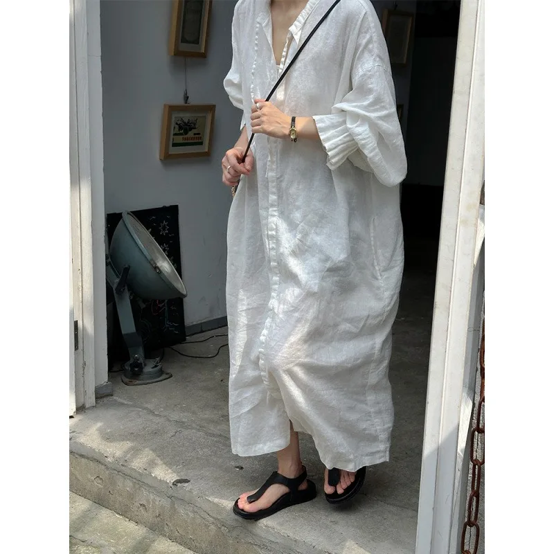 White Linen Long Maxi Dress Petal Flutter Sleeves & Adjustable Spaghetti Straps Front Button Placket Casual Dress Spring Autumn