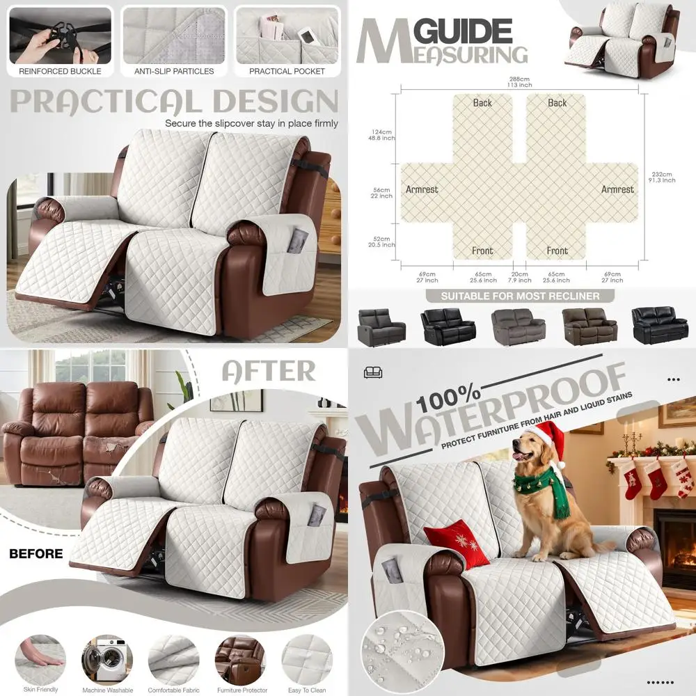 

Водонепроницаемый чехол для двухместного дивана-реклайнера, нескользящий защитный чехол для 2-местного дивана, эластичные ремни для детей и домашних животных, бежевый