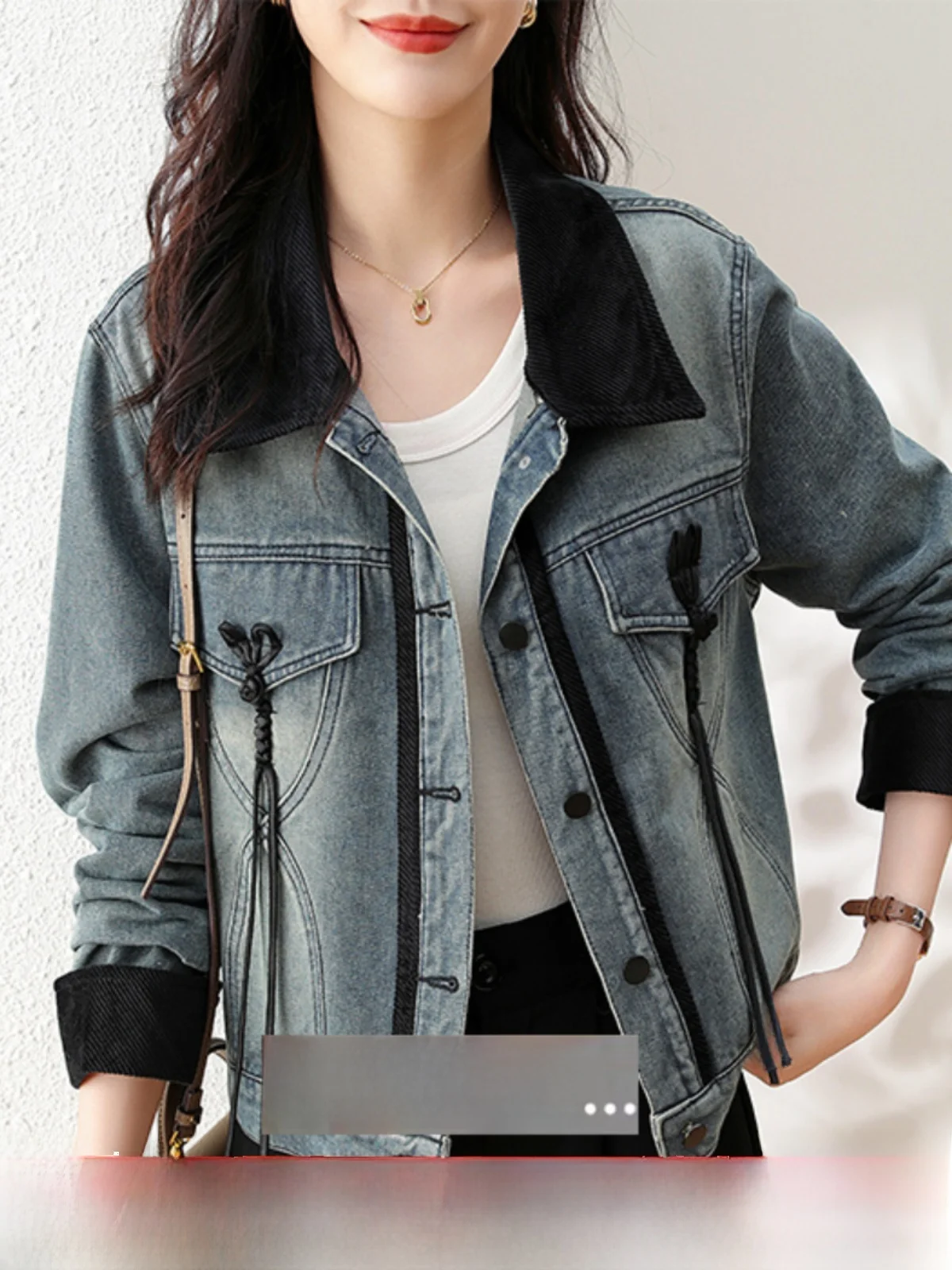 

Casual ort Denim Jaet for Women Spring Autumn No Tag Sle Loose Fit Long Sve Collar Button ket Detail