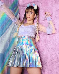 2023 Summer Harajuku Casual Sexy Women Hight Waist Streetwear Rainbow PU Silver Holographic Mini JK Skirts Laser Pleated Skirt