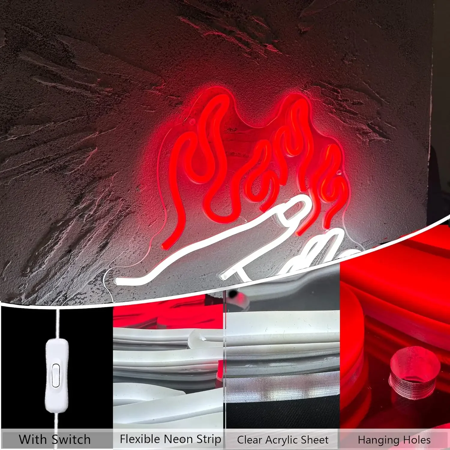 Flaming Hand Neon Sign Red Fire LED Wall Art USB Powered  Lamp Trendy Decor Game Room Bar Party Novelty Gift Hanging Light
