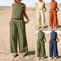 Nuevo traje de lino y algodón para mujer, Top informal sin mangas con cuello redondo, pantalones de pierna ancha, conjunto de dos piezas para mujer