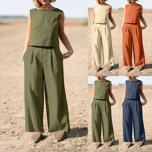 Nuevo traje de lino y algodón para mujer, Top informal sin mangas con cuello redondo, pantalones de pierna ancha, conjunto de dos piezas para mujer