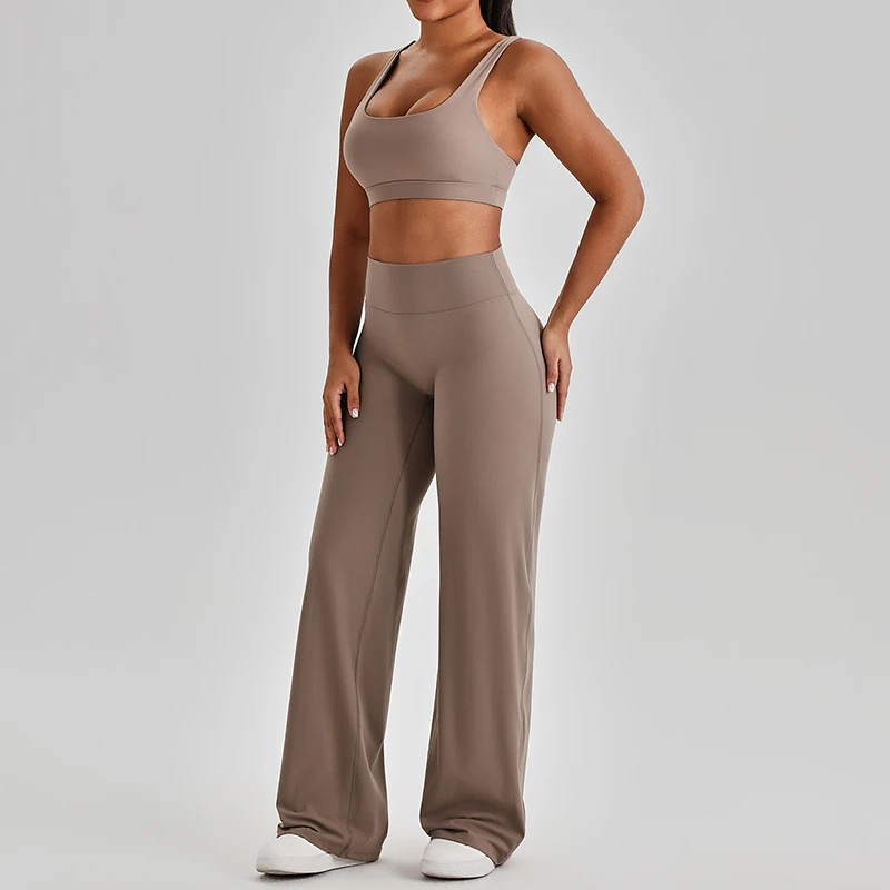 Buttery Soft Casual Yoga Outfits 2 Piece Workout Clothes High Waist Straight Leg Leggings Cutout Back Sports Bra Gym Sets Women