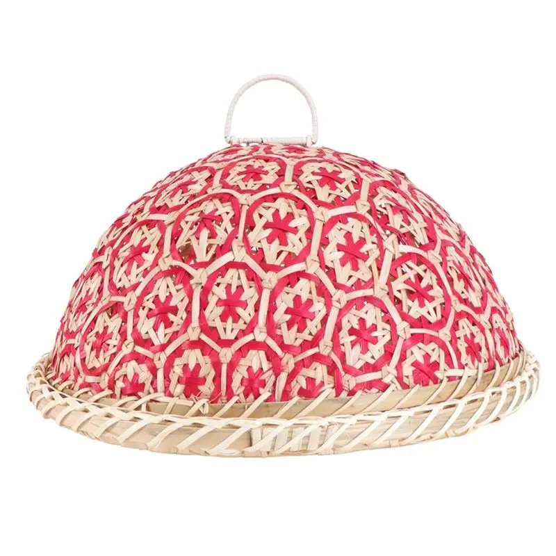 Rice Cover Hand-Woven Rattan Fruit Plate Bread Basket Round Lid Insect Proof Dining Table Cover Fruit Leftovers Red