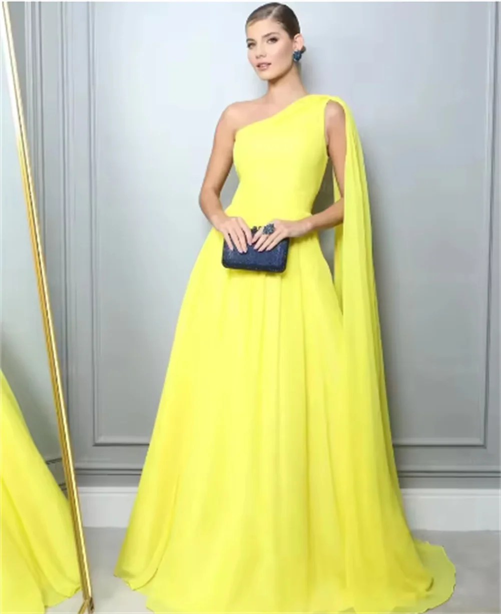 

Customized One Shoulder Prom Dress A Line Pleated Chiffon Wedding Guest Dresses Elegant Sleeveless Long Shawl Vestidos De Fiesta