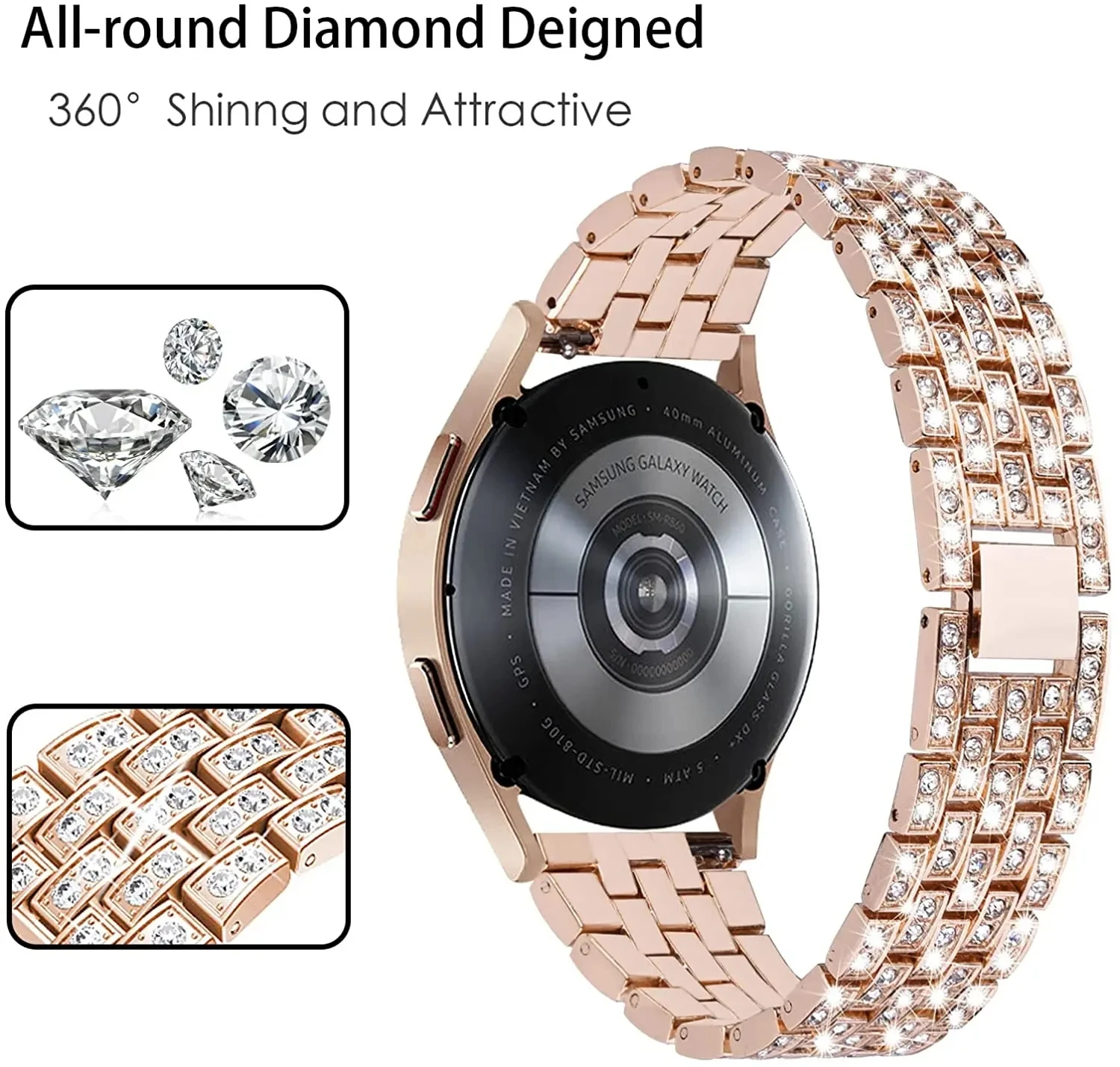 Rotterdam Kly Bling Diamond Strap, Bracelet pour Samsung Galaxy Watch 6, Classic 5 Pro 45mm, Watch 4, Classic 42, 46mm, Active 2 40mm, 44mm