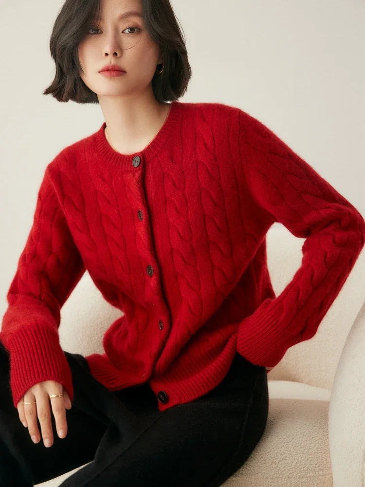 Women's Autumn Winter Sweater Cardigan 100% Cashmere Sweater Vintage Twist Flower O-Neck Long Sleeve Clothes Thick Warm Knitted