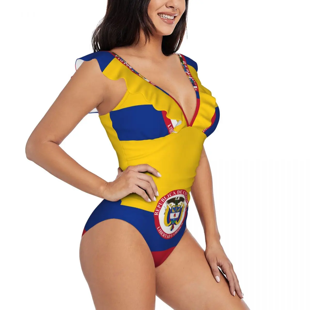 Swimwear Women One Piece Swimsuit The President Colombia Flag Female Swimming Bikinis Push Up Monokini Sexy Ruffle Bathing Suit