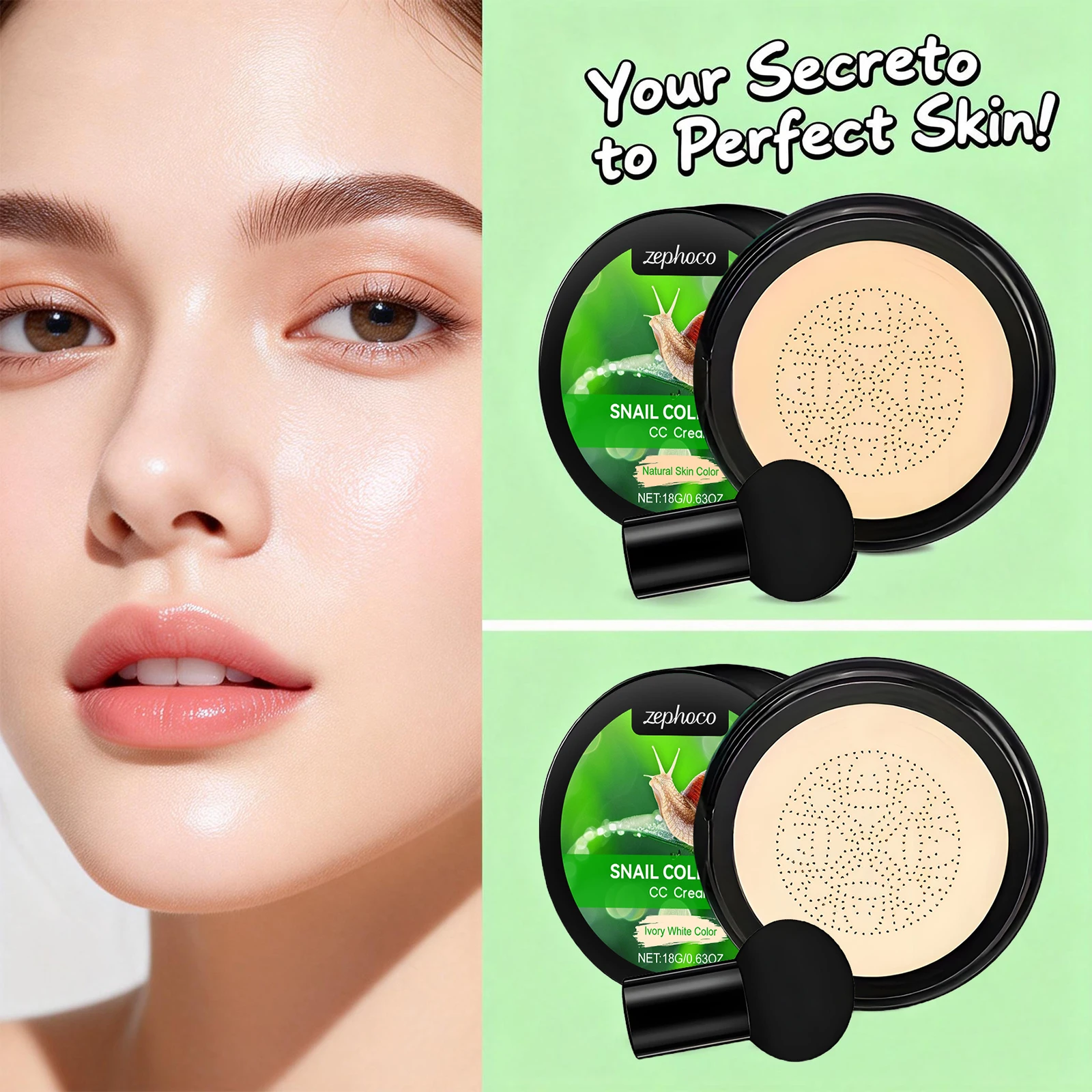 Snail Collagen CC Cream with Mushroom Head Powder Puff Concealer Long Lasting Makeup Cover Dark Circles Moisturizing Foundation