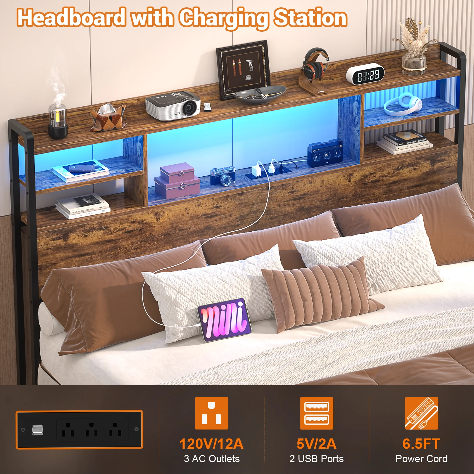 Aheaplus Headboard for Queen Size Bed with Storage, Headboards with LED Light, Power Outlets, USB Ports Queen Size Head Board, Wood Headboard Only Sturdy and Stable Headboards, Modern, Rustic Brown