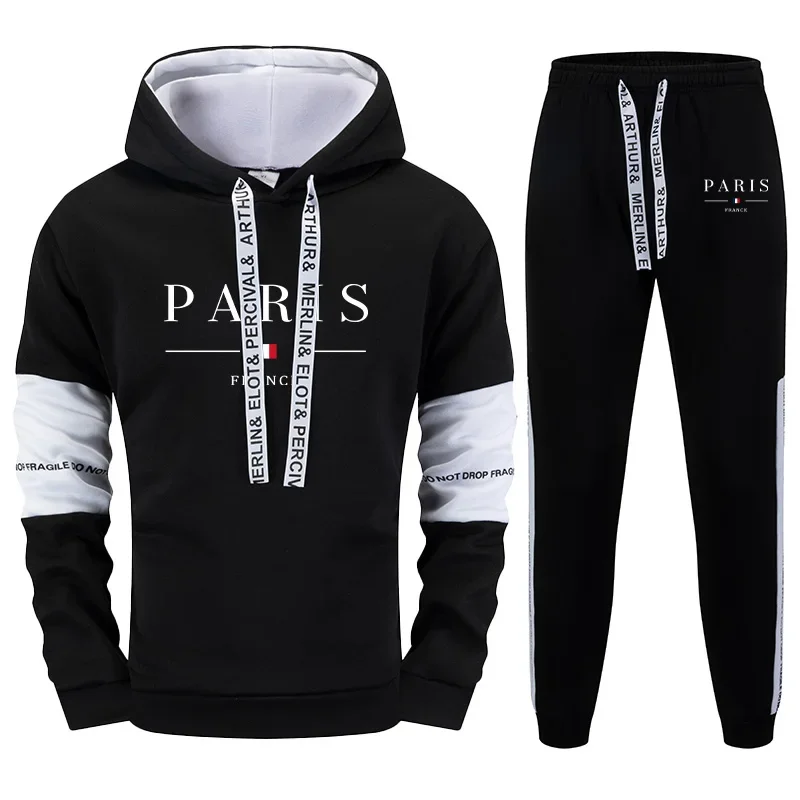 2026 New Arrival Men's Tracksuit 2 Piece Set Paris Print Hoodies Sweatpants Fall Winter Daily Casual Fashion Sporty Jogging Suit