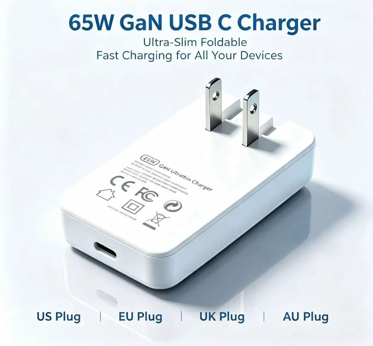 65W USB-C GaN Charger: Foldable US Plug, Detachable EU/UK/AU Plugs, Fast Charging for IPhone16/17 Series, iPad, AirPods Samsung