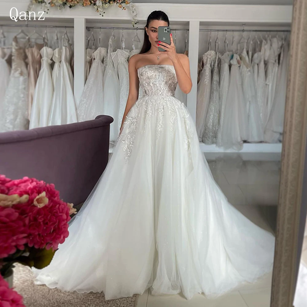 Qanz A-Linie Tüll Brautkleid 2023 Boot Hals Spitze Applikationen Vestidos de Novia abnehmbare lange Cape Ärmel Boho Robe de Mariée