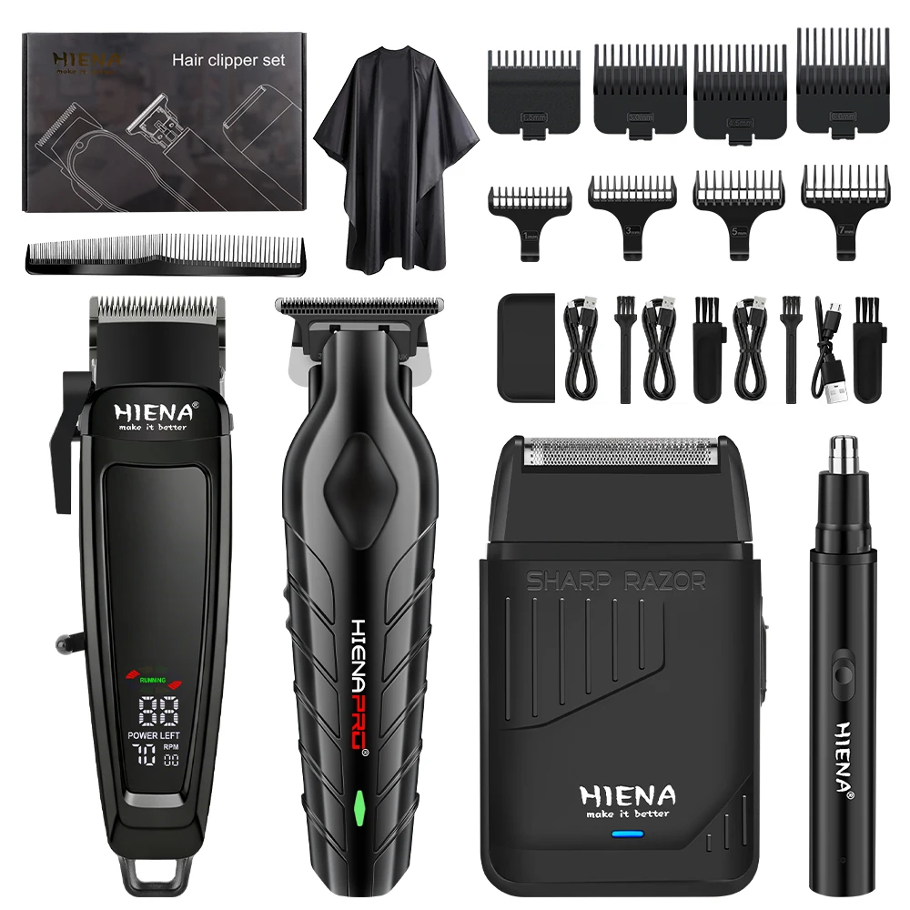 HIENA 4-in-1 Barber Haircut Kit LCD Cordless Hair Clipper Trimmer Shaver Nose Trimmer Professional Hair Cutting Tools for Men