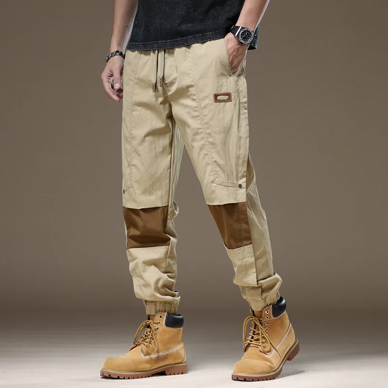 Stitching Overalls Men's High Street Contrast Color Fashion 2024 Summer Trendy All-Match Ankle-Tied Casual Pants